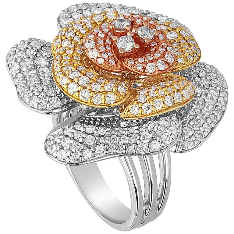 Multi Tone Gold Diamond Large Flower Ring at 1stdibs