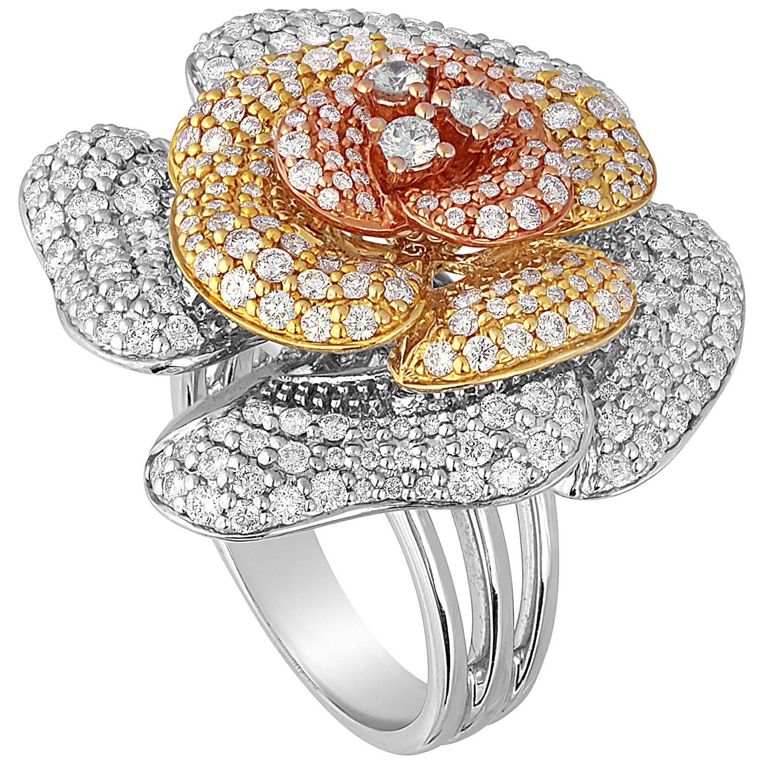Multi Tone Gold Diamond Large Flower Ring