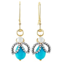 Gucci 18K Yellow Gold 0.75 ct Diamond, Turquoise and Pearl Earrings