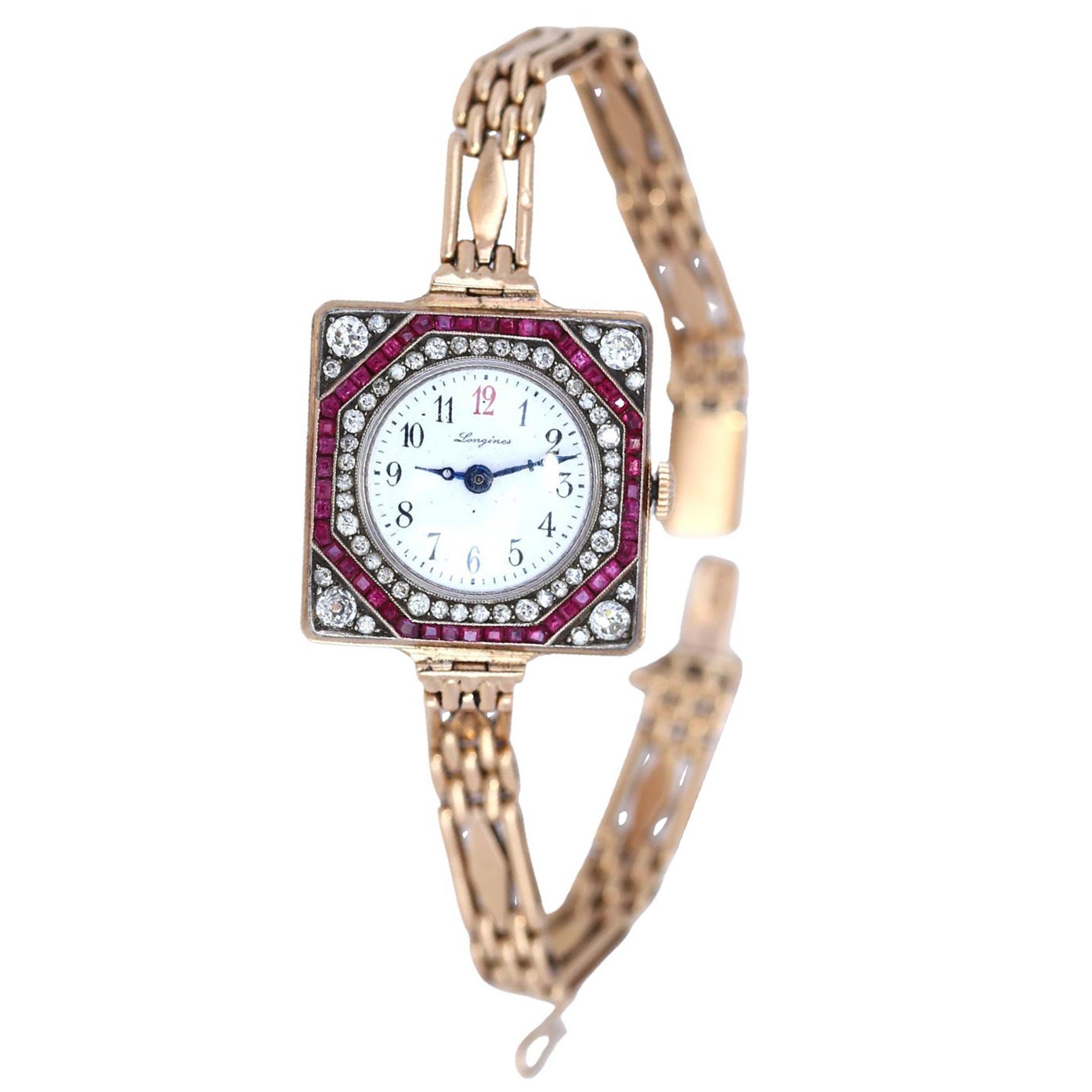 Longines Gold Rubies Diamonds 56 Gold Lady Watch Bracelet, 1910 For Sale