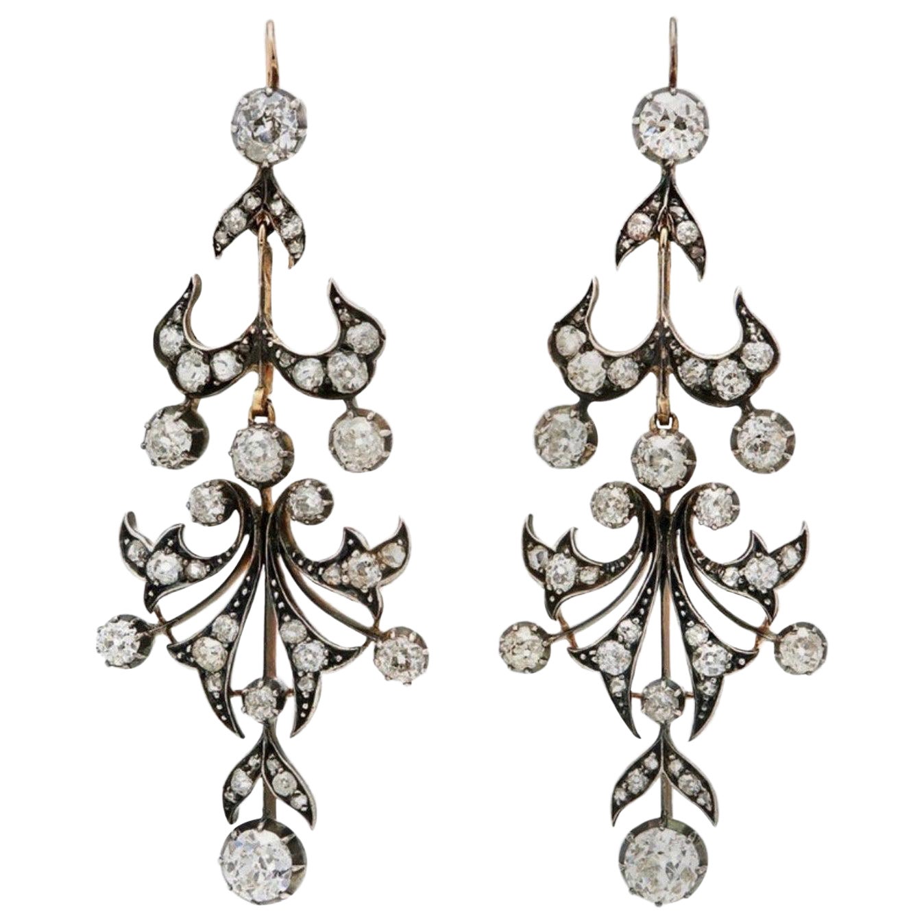 Antique 6 Carat Diamond Gold Silver Chandelier Earrings