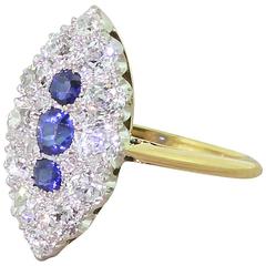 Antique Art Deco Sapphire Old Cut Diamond Gold Navette Ring