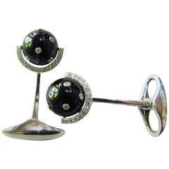 Eli Frei Onyx Diamond Gold Moveable Spinning Globe on Axis Motif Cufflinks