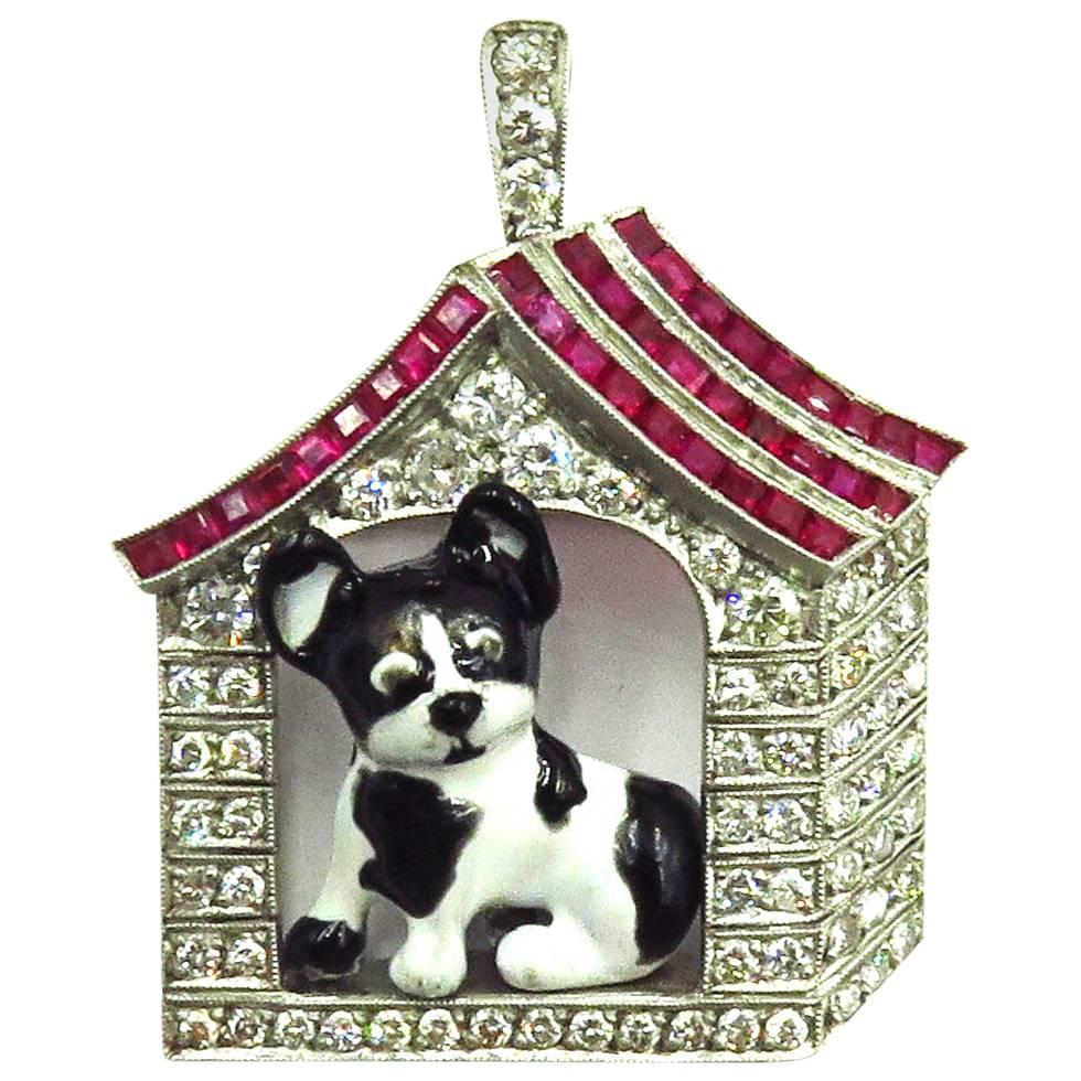 Enamel Ruby Diamond Platinum French Bulldog Pin Pendant w/Retractable Bale
