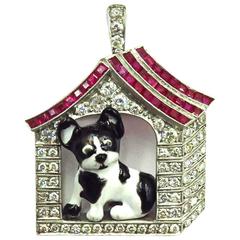 Vintage Enamel Ruby Diamond Platinum French Bulldog Pin Pendant w/Retractable Bale