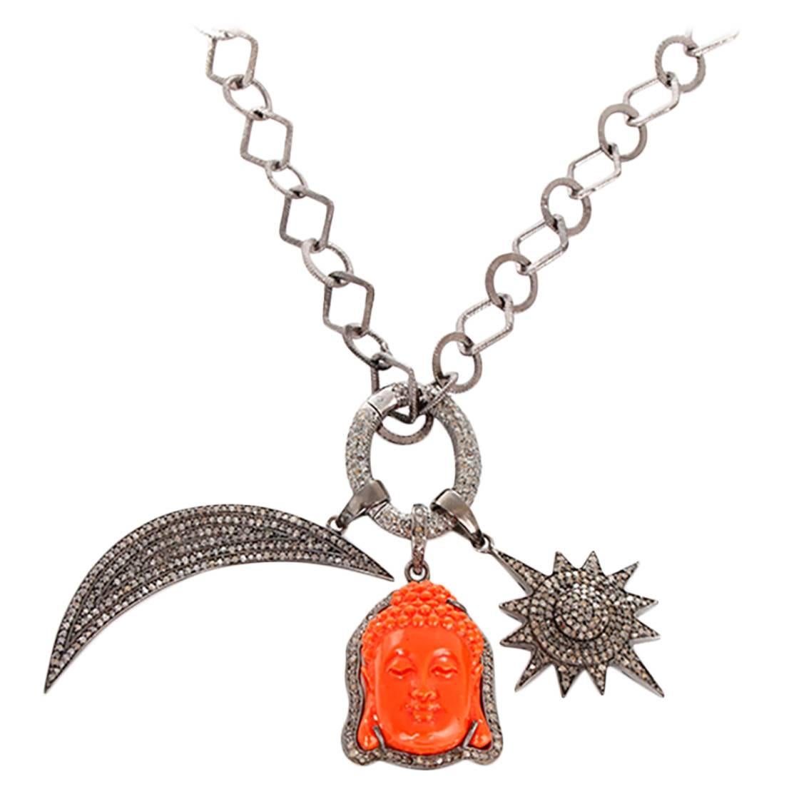 Bohemian Coral Buddha, Diamond Moon and Star, Pendant Necklace