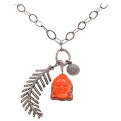 Amazing Sterling Silver, Black Diamond, and Coral Buddha and Feather Necklace