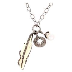 Amazing Sterling Silver, Diamond, Baroque Pearl, and Oxen Bone Necklace