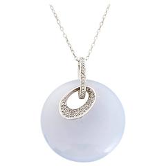 Amazing White Gold, Chalcedony, and Diamond Disc Pendant