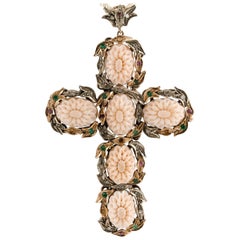 Vintage Diamonds, Ruby, Emerald, Sapphire, Pink Stones Rose Gold and Silver Cross Necklace