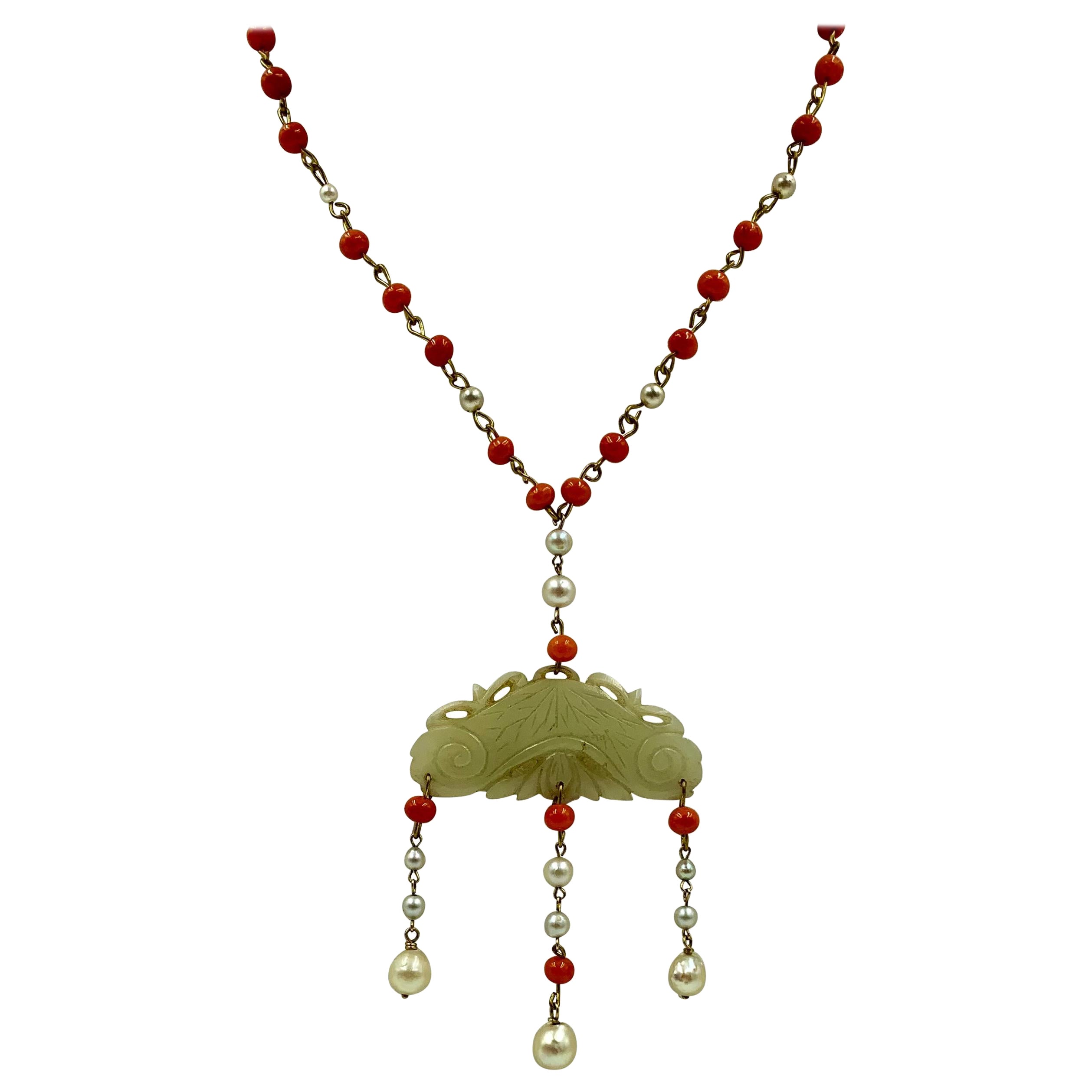 Antique Late 19th Century Chinese Jade, Coral and Pearl Pendant Necklace For Sale