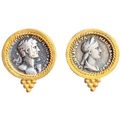 Boucles d'oreilles en argent doré 24 carats avec pièces de monnaie romaines Hadrian et Sabina