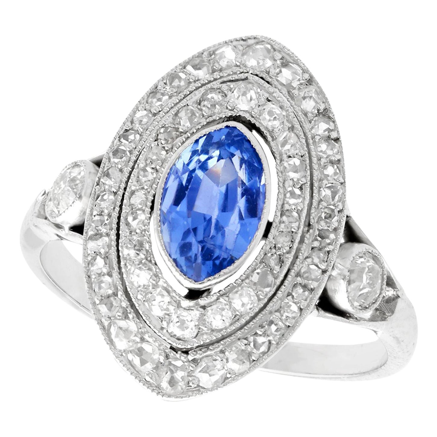 Antique French Sapphire and Diamond White Gold Marquise Ring For Sale