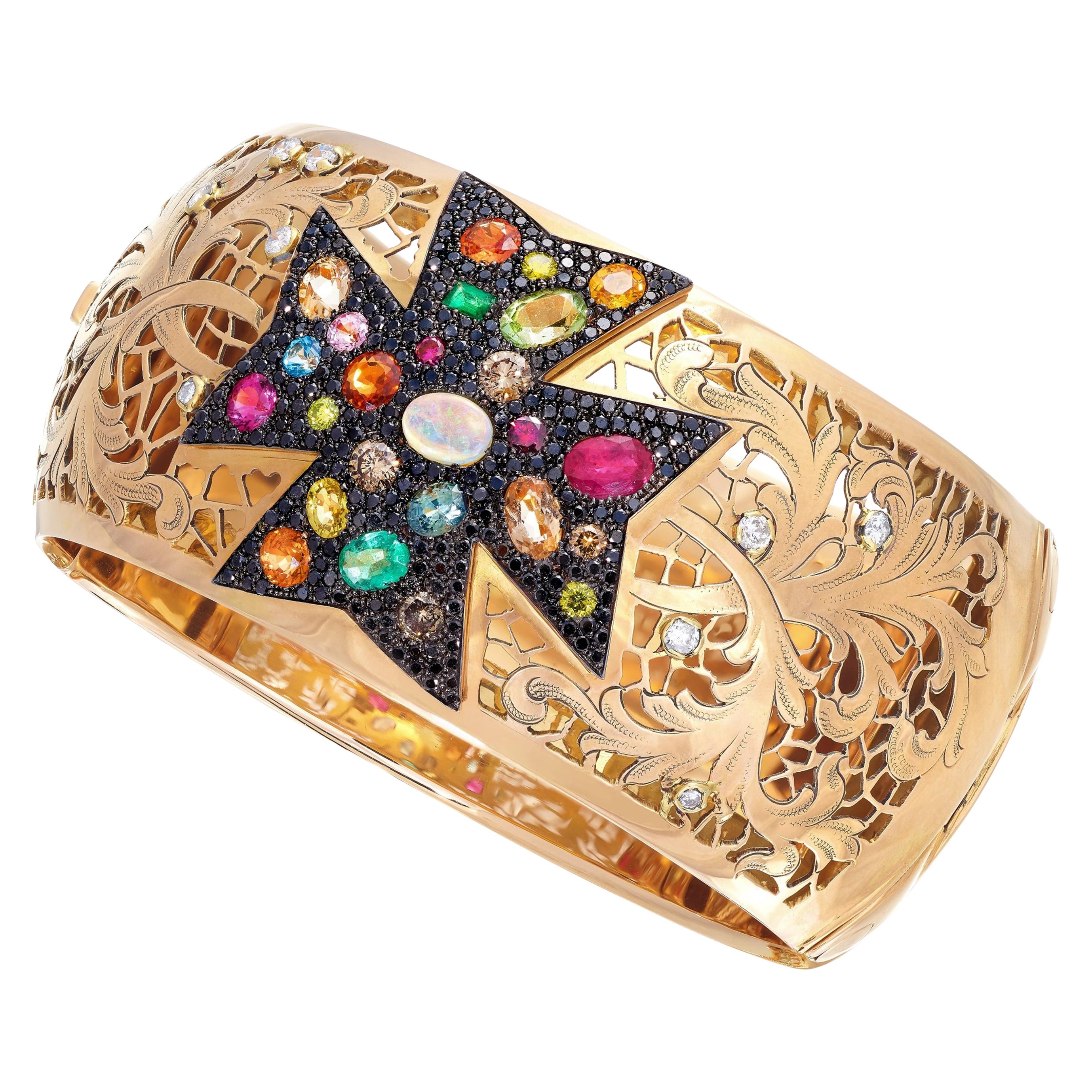Rosior one-off Multi-Color Gemstone Cuff Bracelet set in Rose Gold