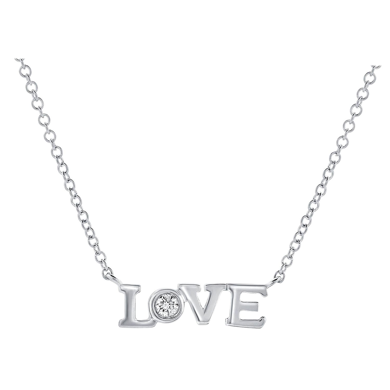 14 Karat White Gold 0.04 Carats Diamond Love Necklace For Sale