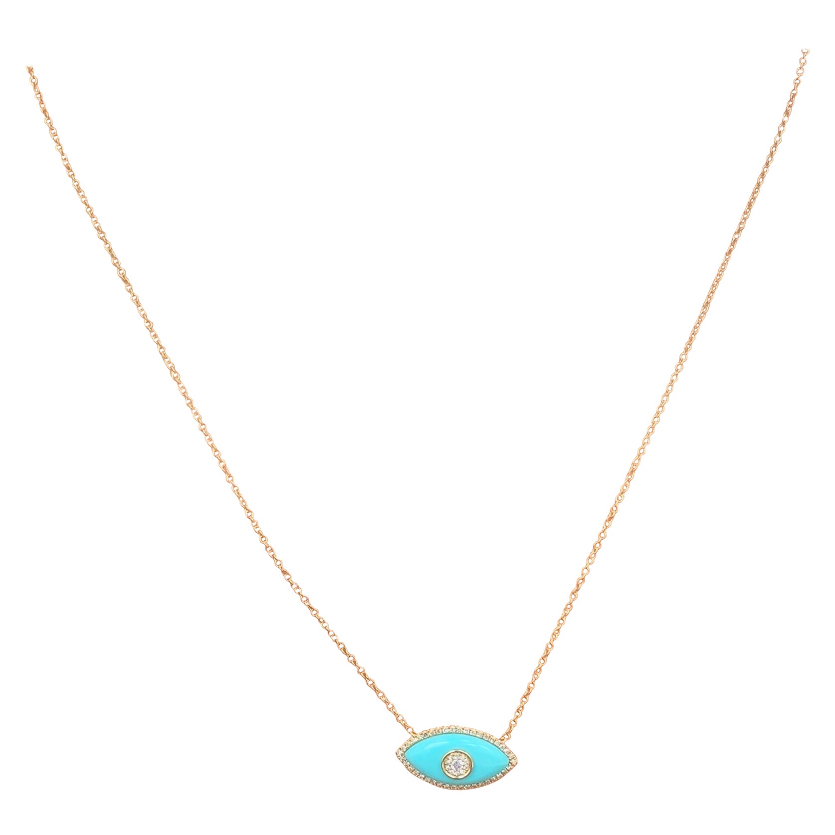 14 Karat 0.19 Carat Diamond & Turquoise Evil Eye Necklace For Sale