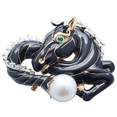 1970s David Webb Enamel Diamond South Sea Pearl gold platinum Horse Brooch