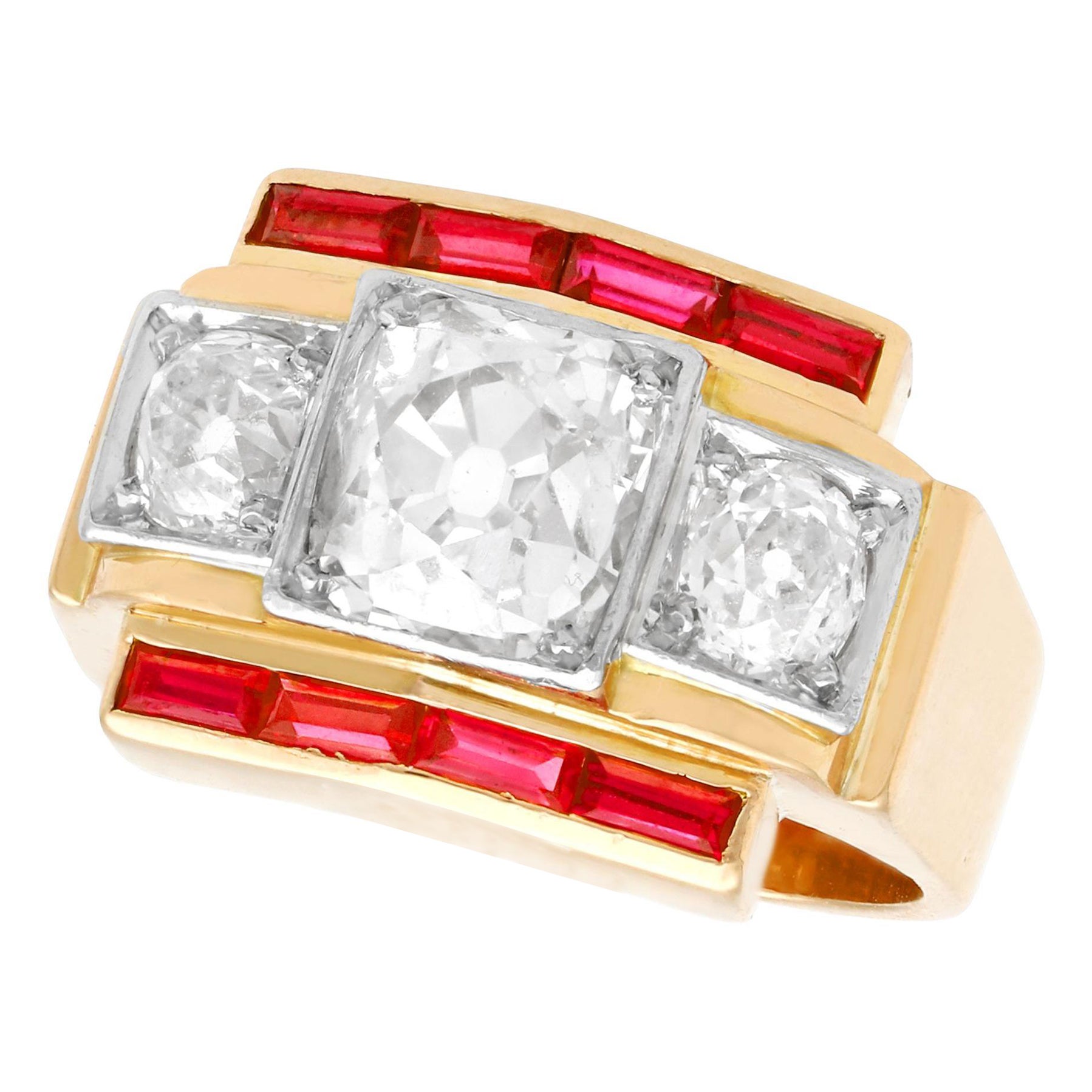 Vintage French 2.28 Carat Diamond and Ruby Yellow Gold Cocktail Ring, circa 1940 For Sale