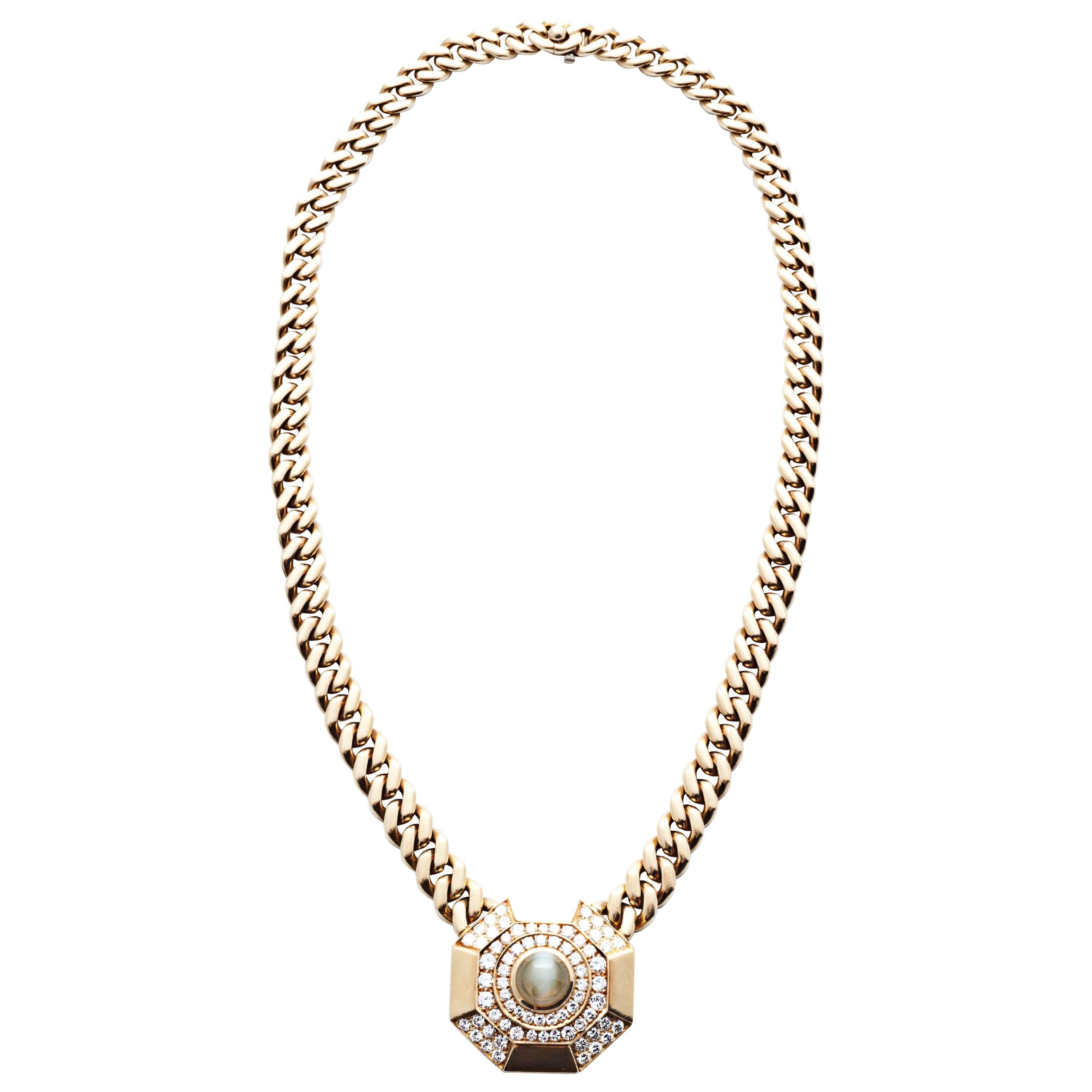 1970s Bulgari Chrysoberyl Diamond curb link Necklace For Sale