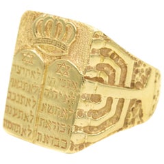 Vintage Judaica Ten Commandments Menorah Star of David Men's Gold Ring Rabbi's Estate