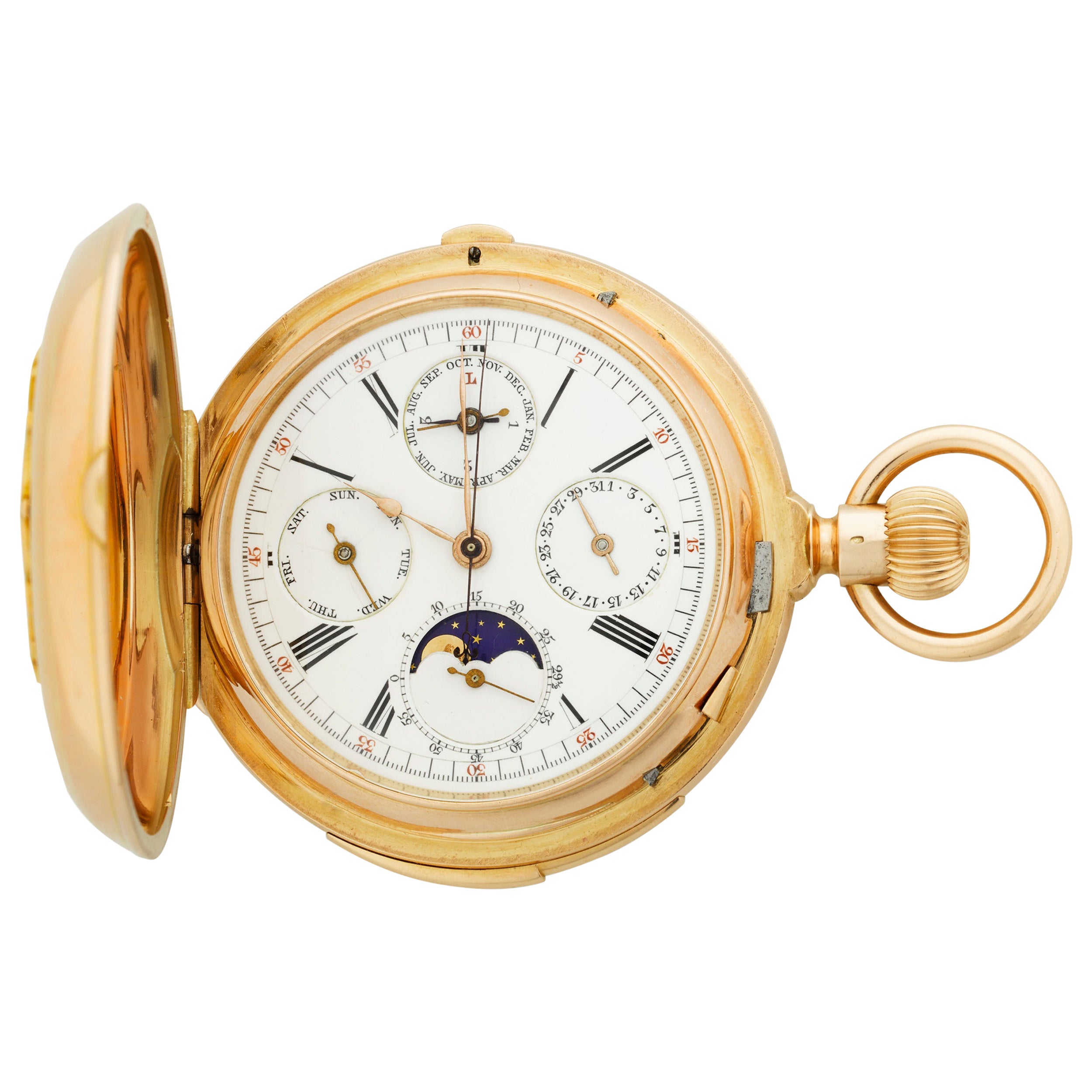 Perpetual Calendar Jump Date Pocket Watch by Marius LeCoultre For Sale