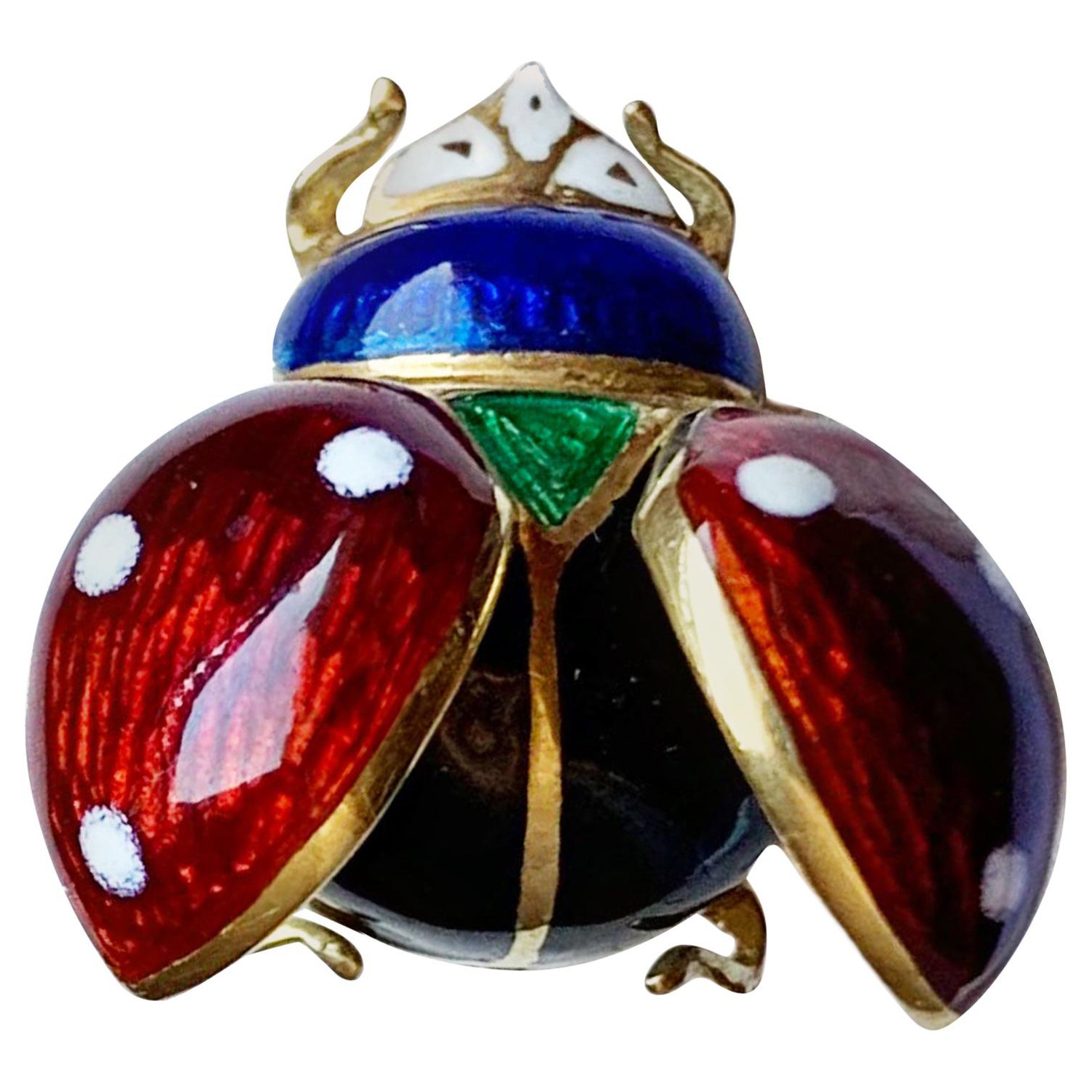 Vintage 18 Karat Gold and Enamel Brooch Depicting a Ladybug with Open Wings
