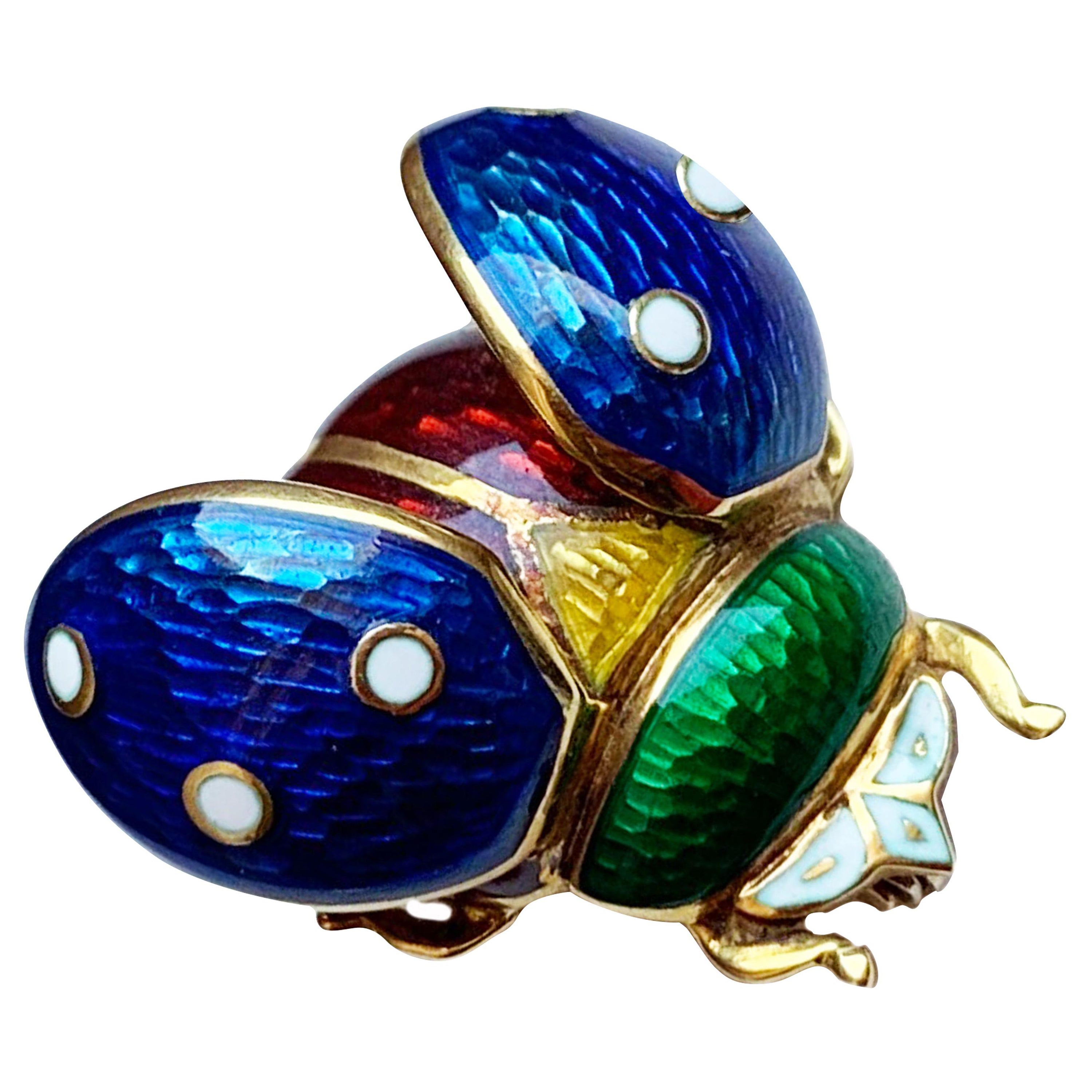 Vintage 18 Karat Gold and Enamel Brooch Depicting a Ladybug with Open Wings For Sale