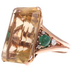 Retro Citrine Emerald Diamond Gold Cocktail Ring