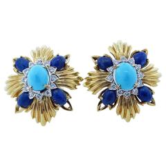 MONTCLAIRE 60"s Lapis Turquoise and Damond Earrings