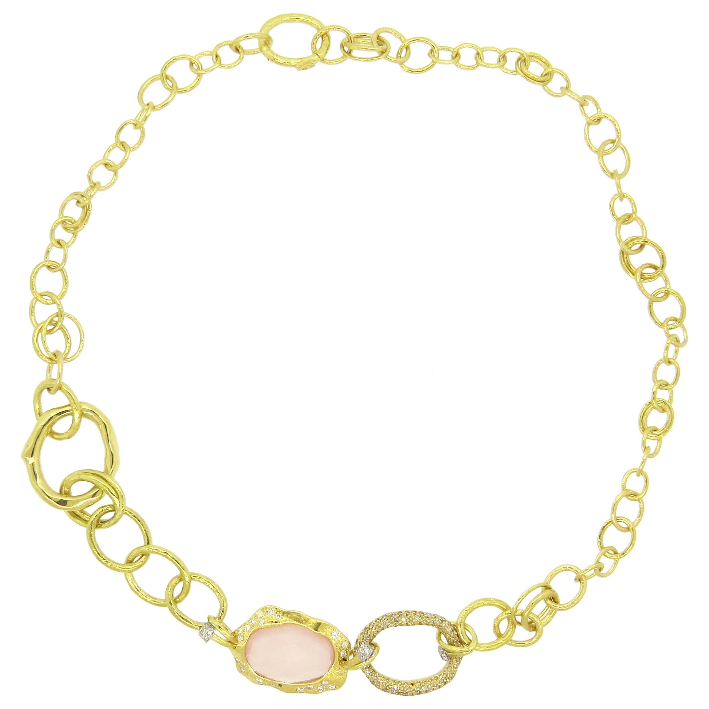 Valente Gold Diamond Rose Quartz Link Necklace 