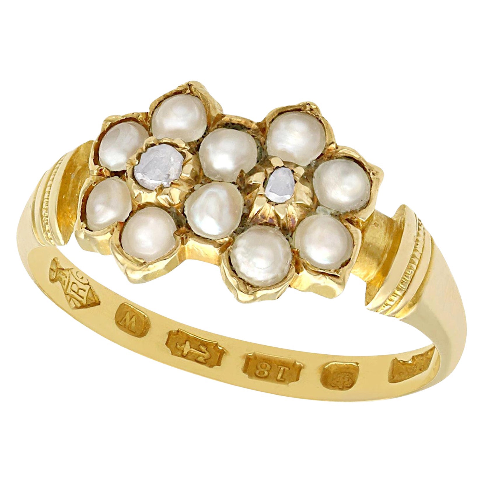 1871 Antique Pearl and Diamond Yellow Gold Cocktail Ring For Sale