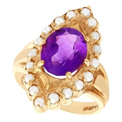 1970s, 2.51 Carat Amethyst and Seed Pearl Yellow Gold Cocktail Ring