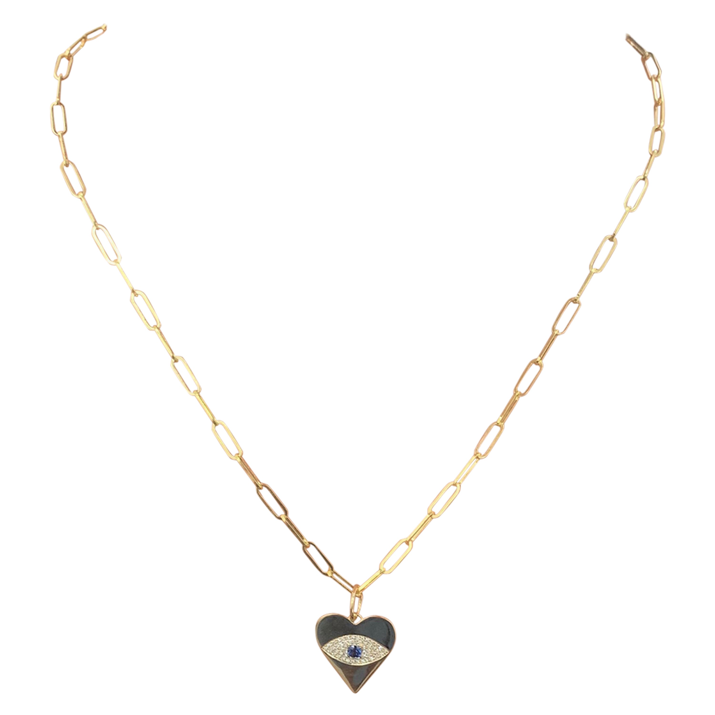14 Karat Yellow Gold 0.18 Carat Diamond & Sapphire Evil Eye Heart Necklace For Sale