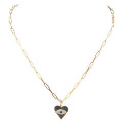 14 Karat Yellow Gold 0.18 Carat Diamond & Sapphire Evil Eye Heart Necklace