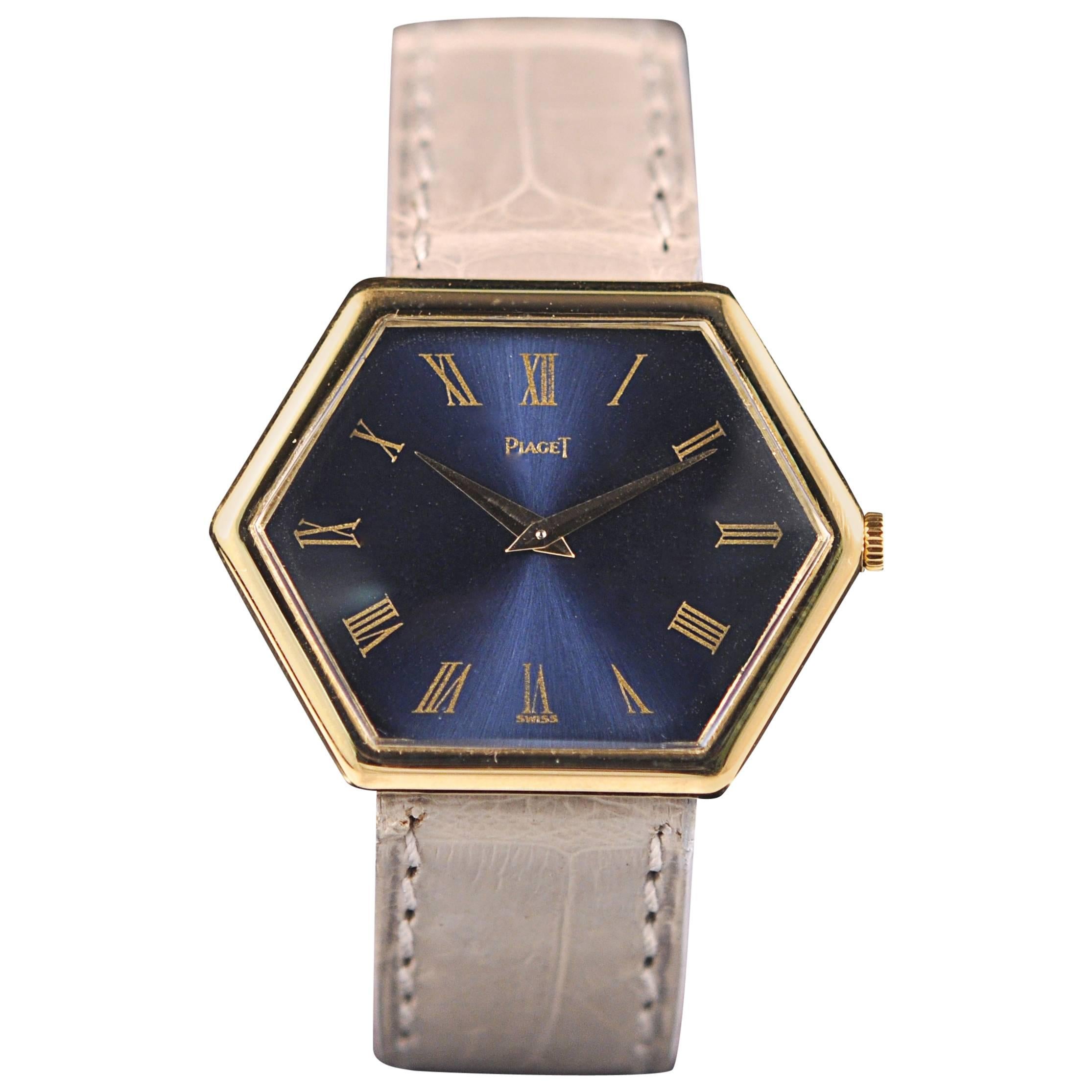 Piaget lady's yellow gold Hexagonal crocodile bracelet wristwatch For Sale