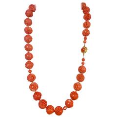 Vintage Magnificent Carved Momo Coral Gold Bead Necklace