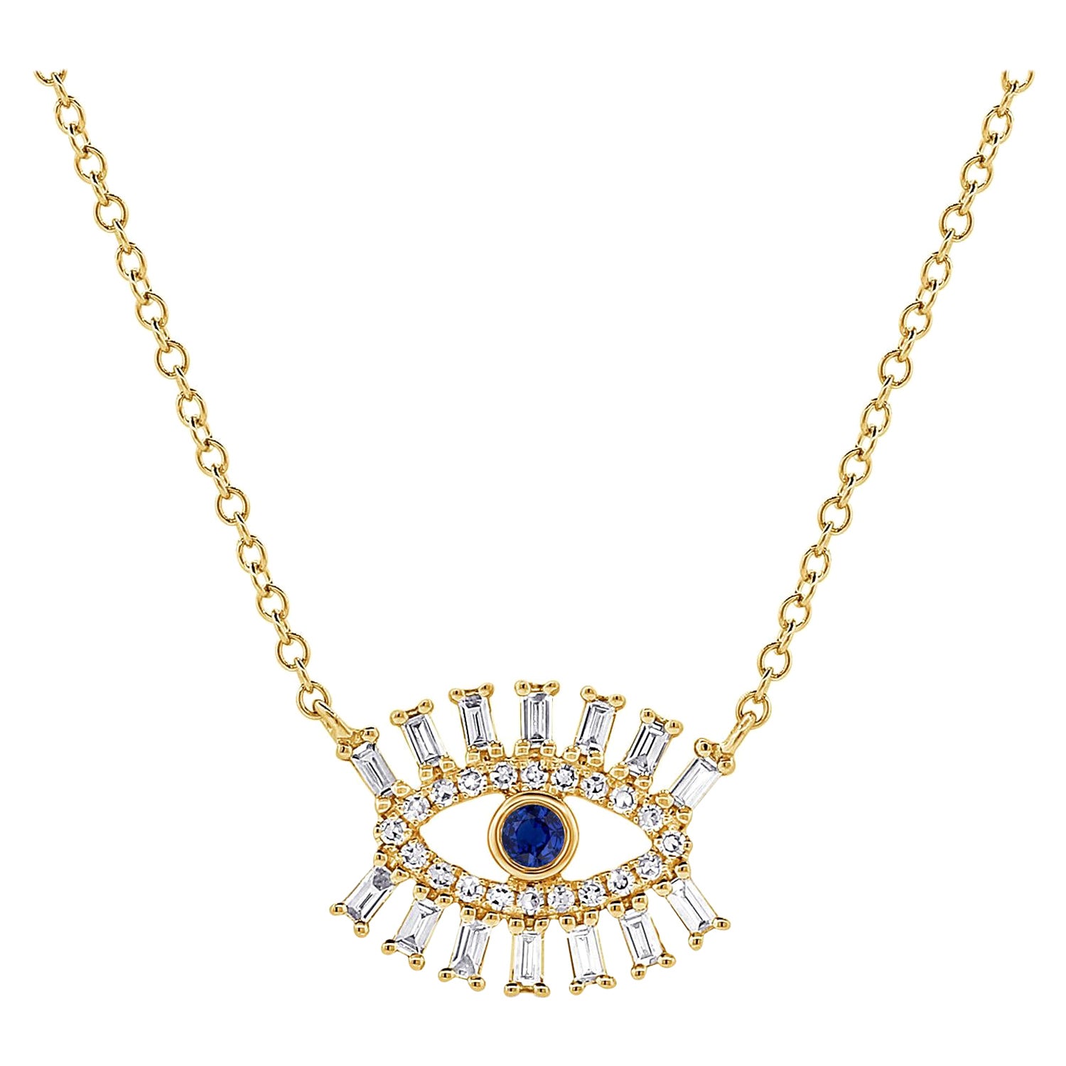 14 Karat Yellow Gold 0.24 Carat Diamond and Sapphire Evil Eye Necklace