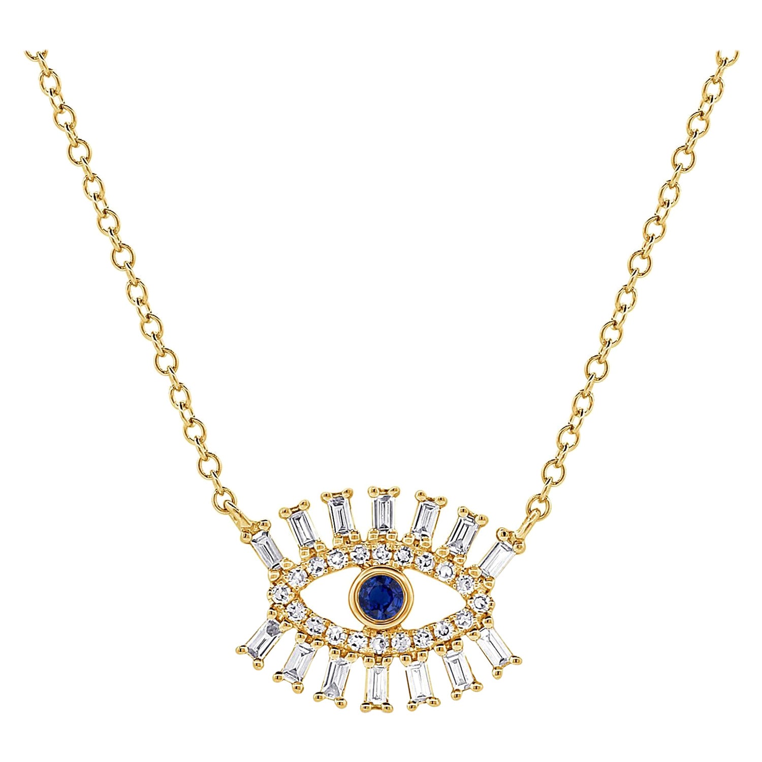 Collier Evil Eye en or jaune 14 carats avec diamants de 0,24 carat et saphirs