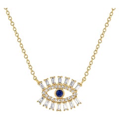 14 Karat Yellow Gold 0.24 Carat Diamond and Sapphire Evil Eye Necklace