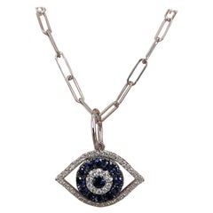 14 Karat White Gold 0.18 Carat Diamond & Sapphire Evil Eye Paperclip Necklace