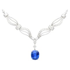 Collana vintage in platino con zaffiro di Ceylon da 13,50 carati e diamante da 3,27 carati