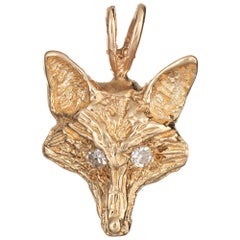 Small Fox Pendant Charm Vintage 14 Karat Yellow Gold Diamond Eyes Estate Jewelry