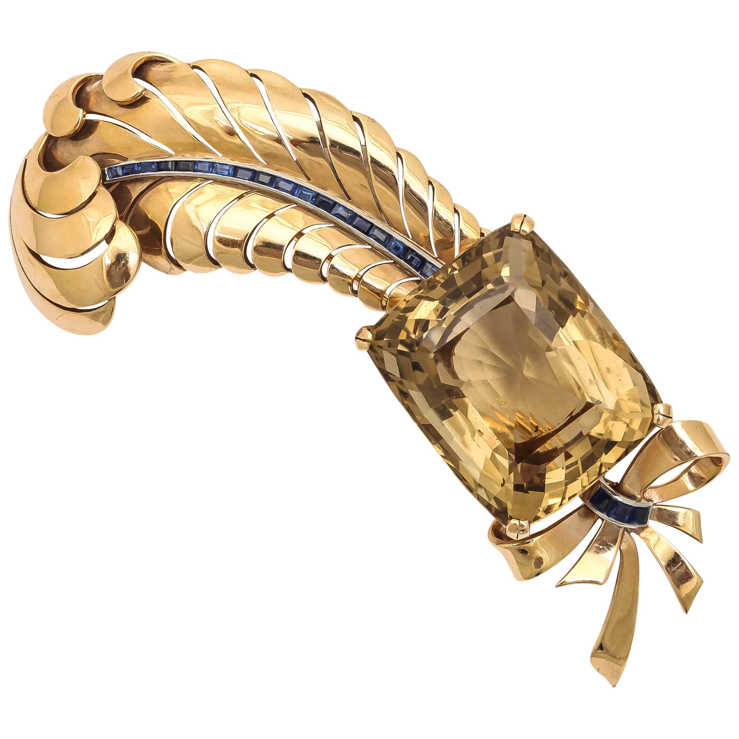 Citrine Sapphire Gold Feather Pin For Sale