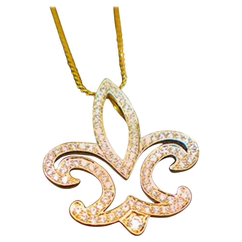 Fleur-de-Lis Diamond Pendant and Chain, 18 Karat Yellow Gold .50 Carat Total For Sale