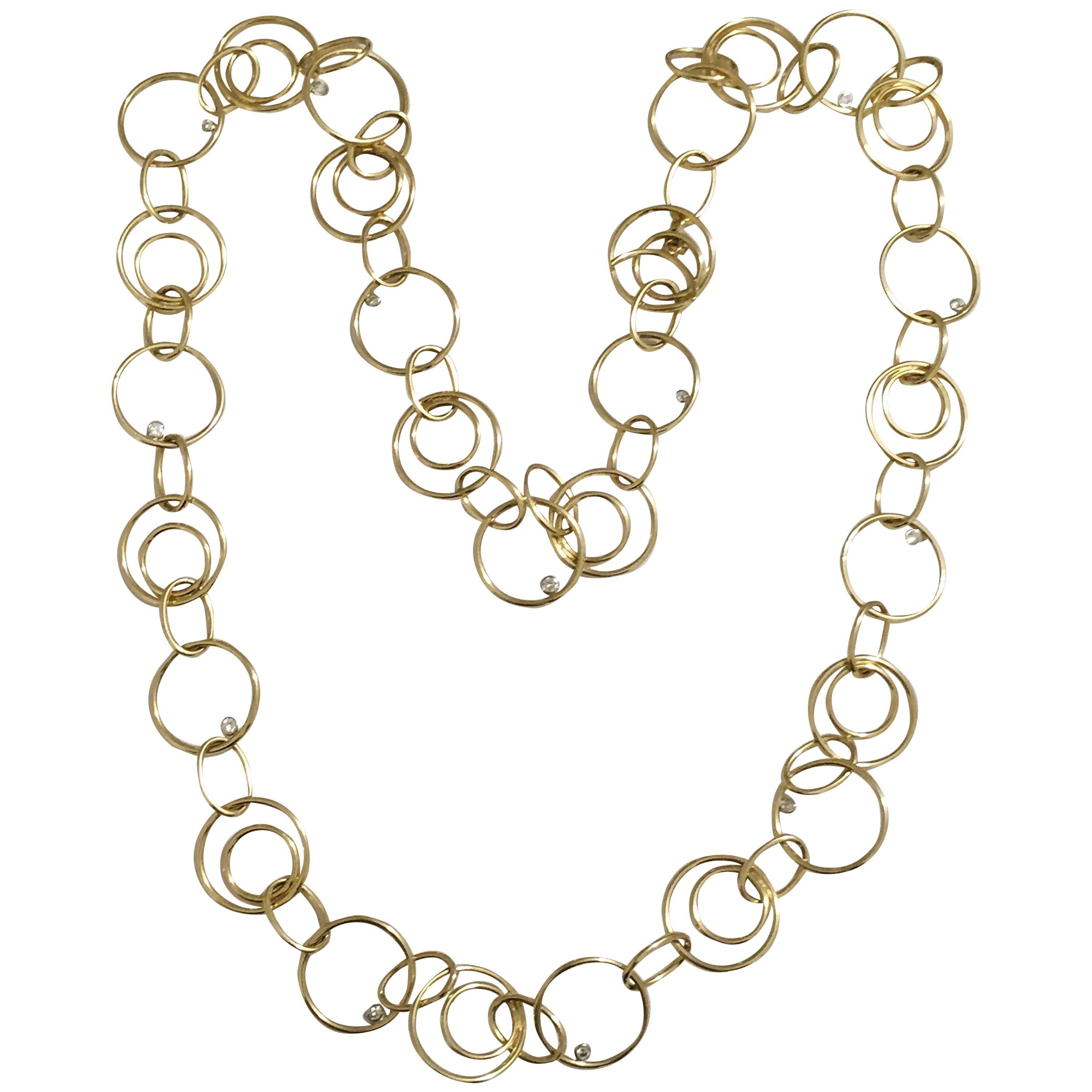  Yellow Gold Circles and floating diamond Chain Necklace For Sale