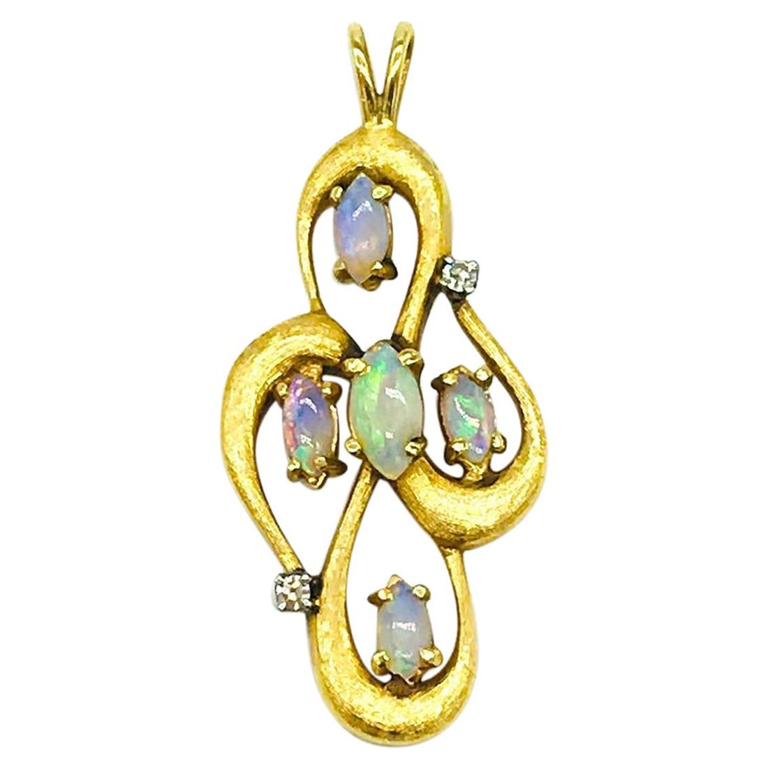 Colorful Opal Freeform Diamond Pendant, 14 Karat Yellow Gold