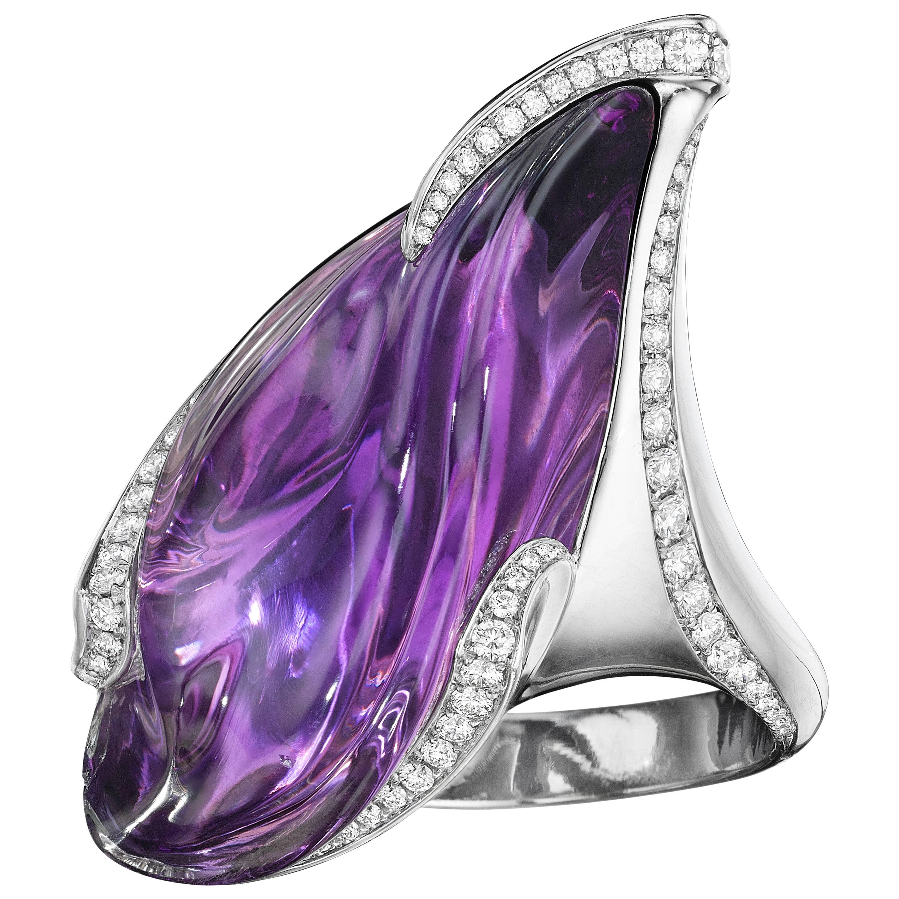Naomi Sarna Amethyst Diamond Platinum Cocktail Ring For Sale