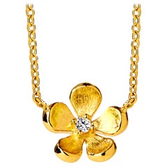Syna Yellow Gold Satin Flower Necklace with Diamonds