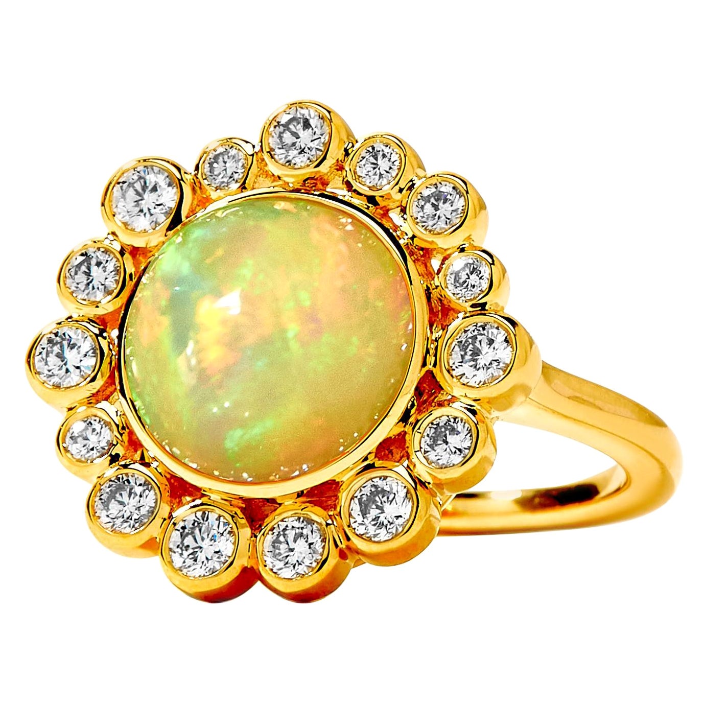 Syna Ethiopian Opal Yellow Gold Ring with Diamonds For Sale