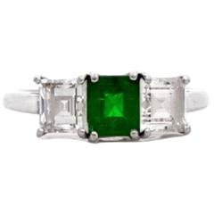 Emerald Asscher Diamond Platinum Three-Stone Engagement Ring